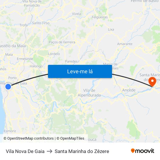 Vila Nova De Gaia to Santa Marinha do Zêzere map