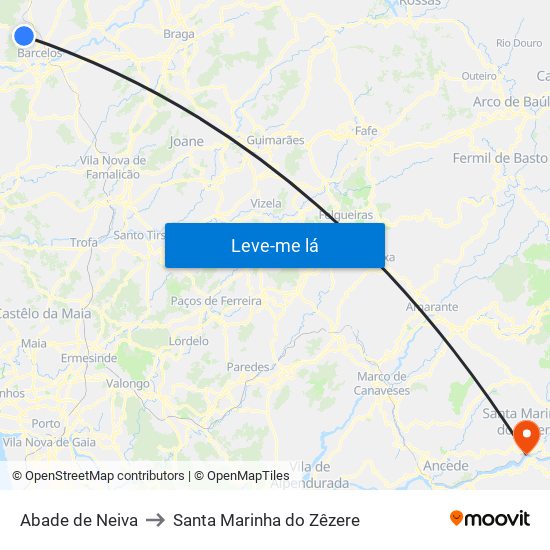 Abade de Neiva to Santa Marinha do Zêzere map