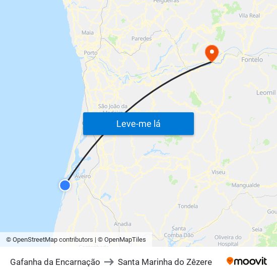 Gafanha da Encarnação to Santa Marinha do Zêzere map