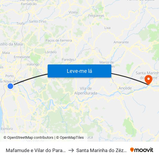 Mafamude e Vilar do Paraíso to Santa Marinha do Zêzere map