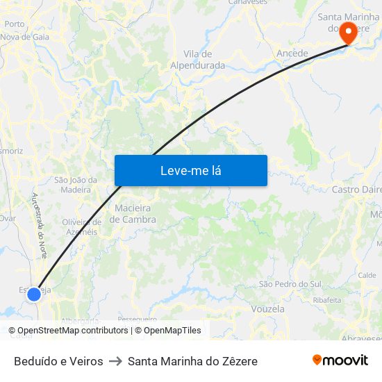 Beduído e Veiros to Santa Marinha do Zêzere map