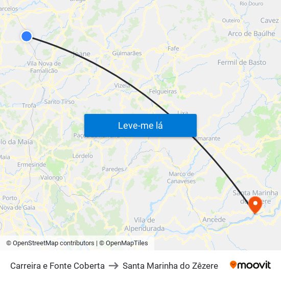 Carreira e Fonte Coberta to Santa Marinha do Zêzere map