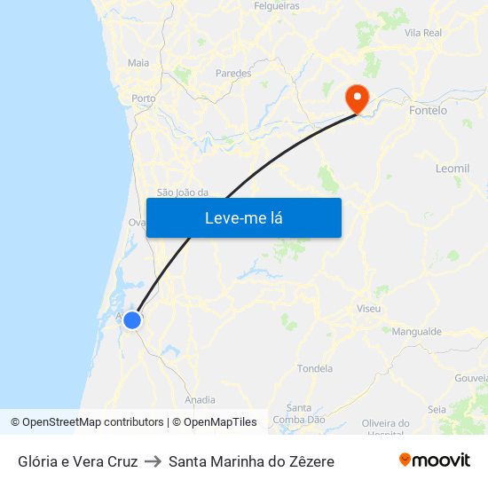 Glória e Vera Cruz to Santa Marinha do Zêzere map