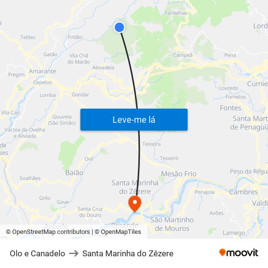 Olo e Canadelo to Santa Marinha do Zêzere map