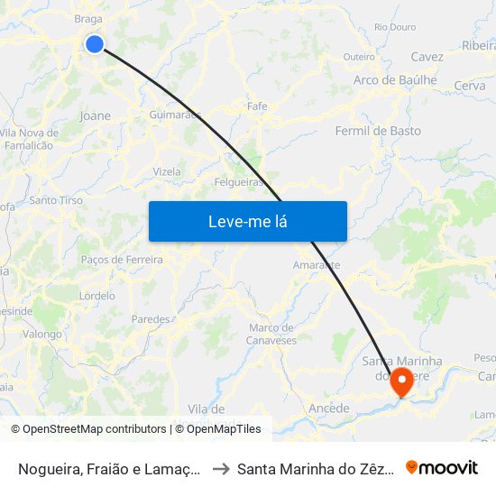 Nogueira, Fraião e Lamaçães to Santa Marinha do Zêzere map