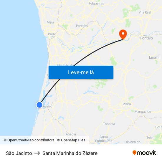 São Jacinto to Santa Marinha do Zêzere map