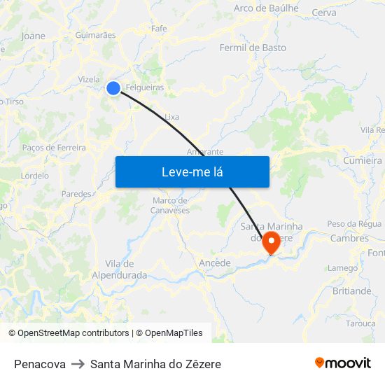 Penacova to Santa Marinha do Zêzere map