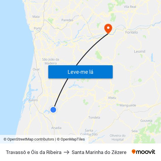 Travassô e Óis da Ribeira to Santa Marinha do Zêzere map