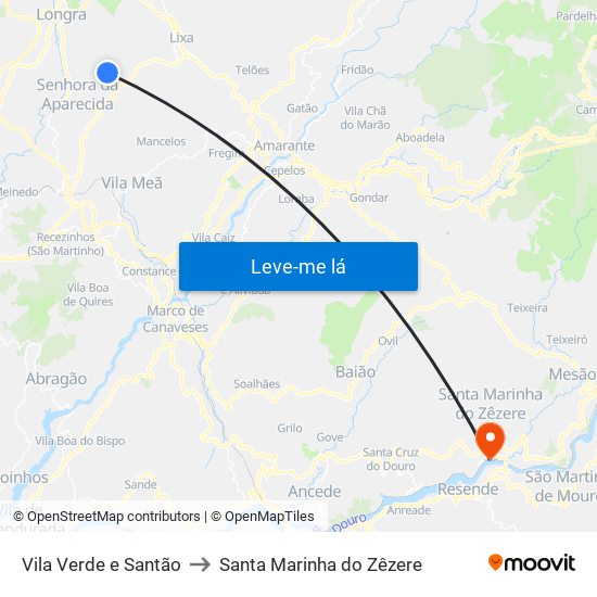 Vila Verde e Santão to Santa Marinha do Zêzere map