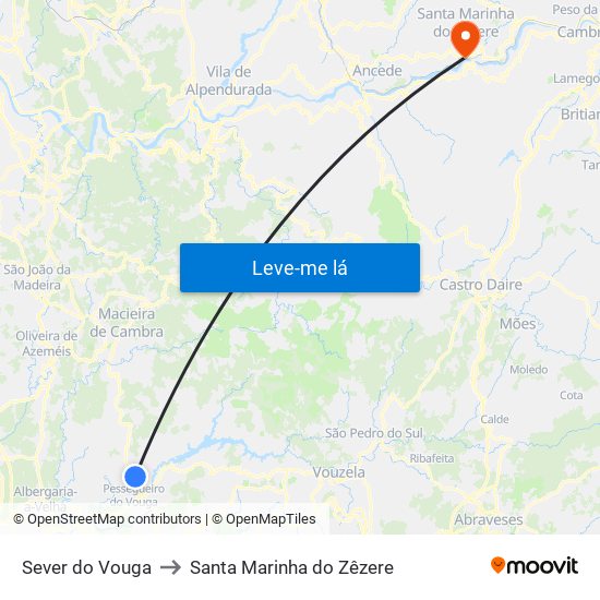 Sever do Vouga to Santa Marinha do Zêzere map