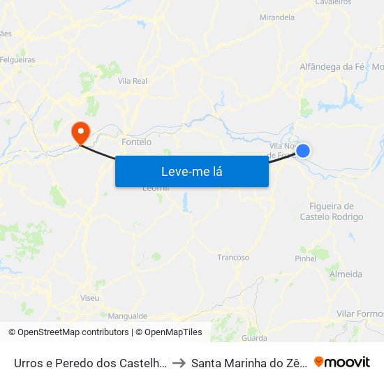 Urros e Peredo dos Castelhanos to Santa Marinha do Zêzere map