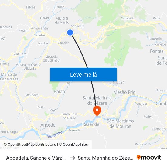Aboadela, Sanche e Várzea to Santa Marinha do Zêzere map