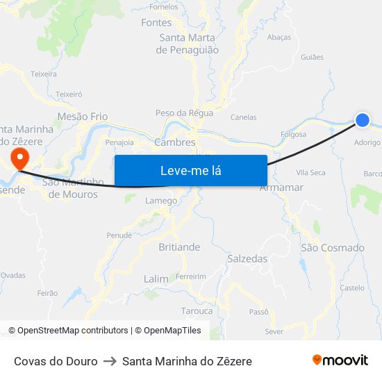 Covas do Douro to Santa Marinha do Zêzere map