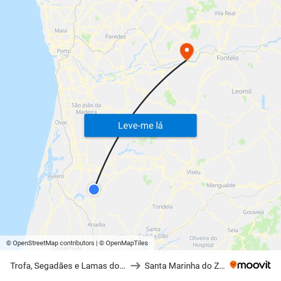 Trofa, Segadães e Lamas do Vouga to Santa Marinha do Zêzere map