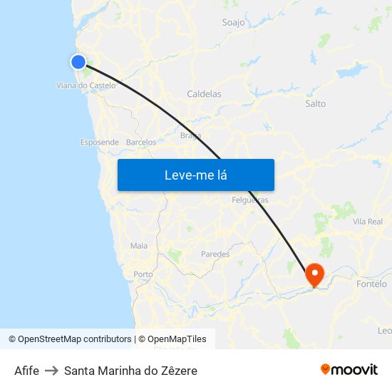 Afife to Santa Marinha do Zêzere map