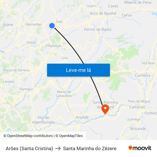 Arões (Santa Cristina) to Santa Marinha do Zêzere map