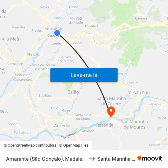 Amarante (São Gonçalo), Madalena, Cepelos e Gatão to Santa Marinha do Zêzere map