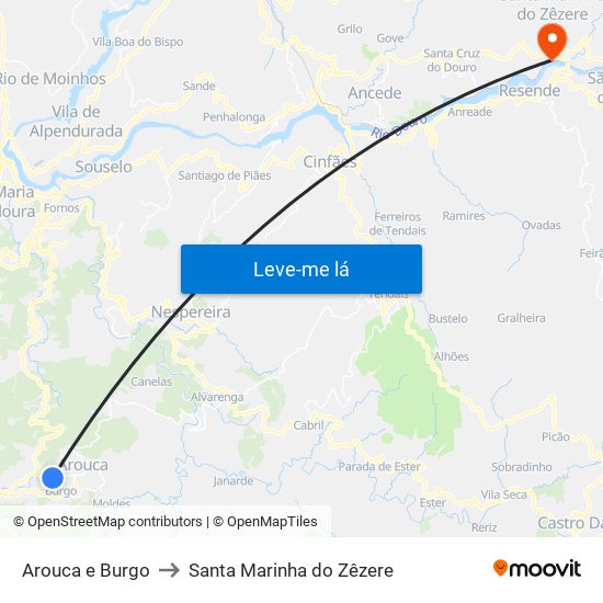 Arouca e Burgo to Santa Marinha do Zêzere map