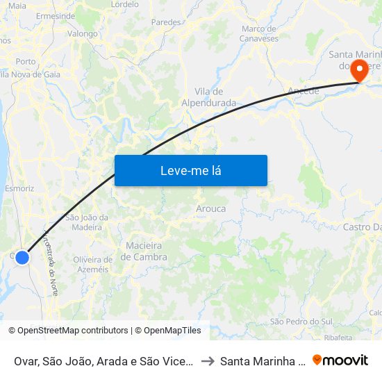 Ovar, São João, Arada e São Vicente de Pereira Jusã to Santa Marinha do Zêzere map