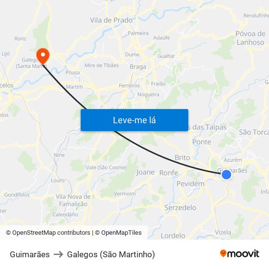 Guimarães to Galegos (São Martinho) map