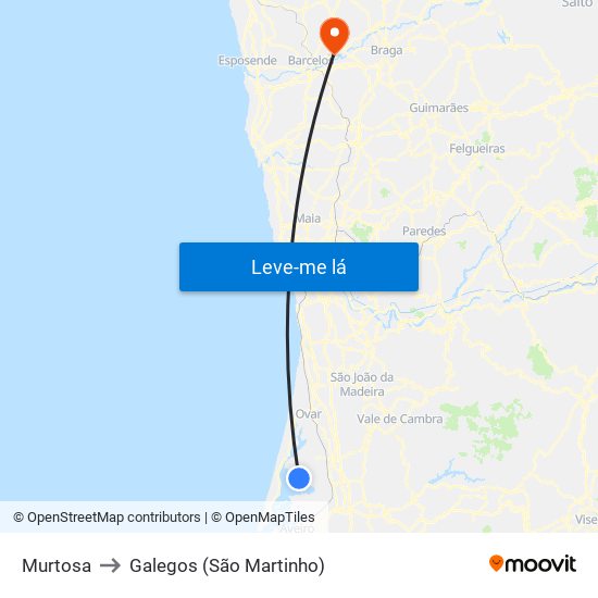 Murtosa to Galegos (São Martinho) map