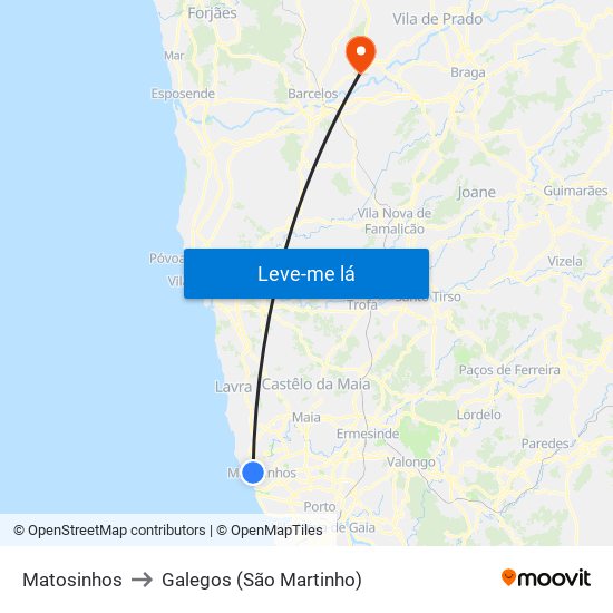 Matosinhos to Galegos (São Martinho) map