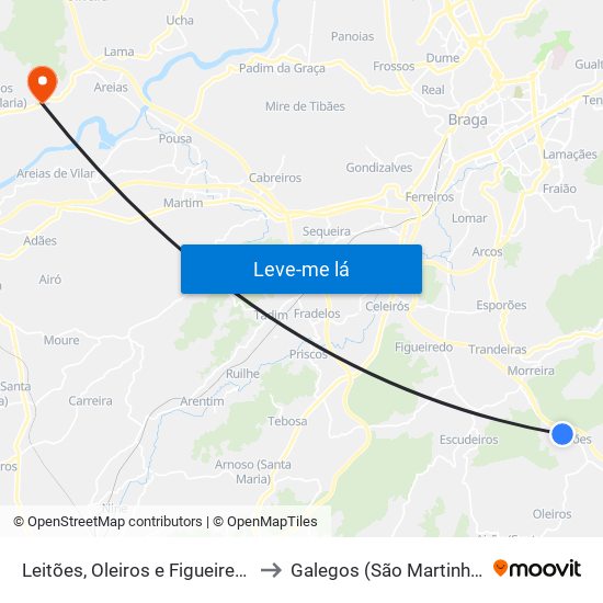 Leitões, Oleiros e Figueiredo to Galegos (São Martinho) map