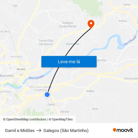Gamil e Midões to Galegos (São Martinho) map