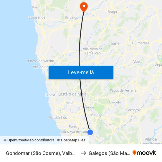 Gondomar (São Cosme), Valbom e Jovim to Galegos (São Martinho) map