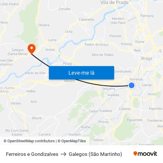 Ferreiros e Gondizalves to Galegos (São Martinho) map