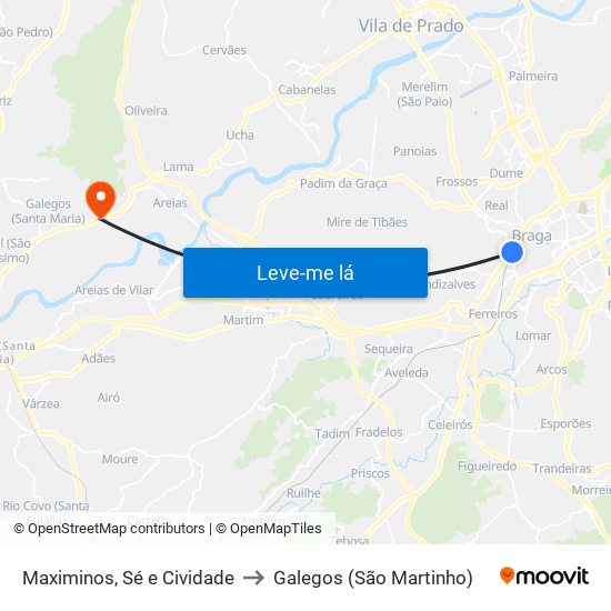 Maximinos, Sé e Cividade to Galegos (São Martinho) map