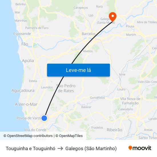 Touguinha e Touguinhó to Galegos (São Martinho) map