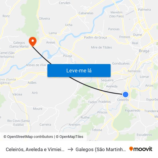 Celeirós, Aveleda e Vimieiro to Galegos (São Martinho) map