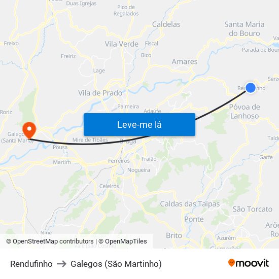 Rendufinho to Galegos (São Martinho) map