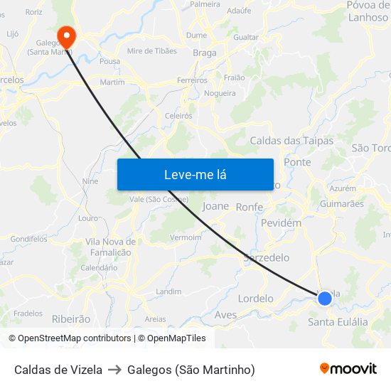 Caldas de Vizela to Galegos (São Martinho) map