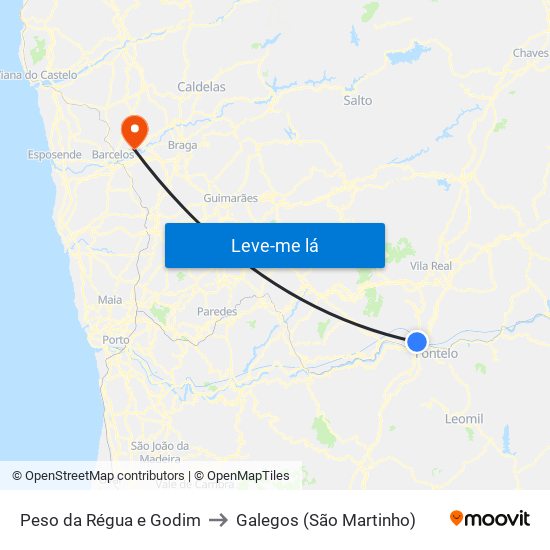 Peso da Régua e Godim to Galegos (São Martinho) map