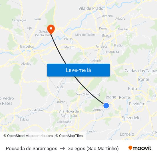 Pousada de Saramagos to Galegos (São Martinho) map