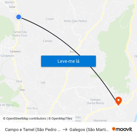 Campo e Tamel (São Pedro Fins) to Galegos (São Martinho) map