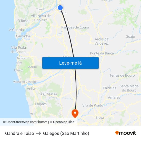 Gandra e Taião to Galegos (São Martinho) map