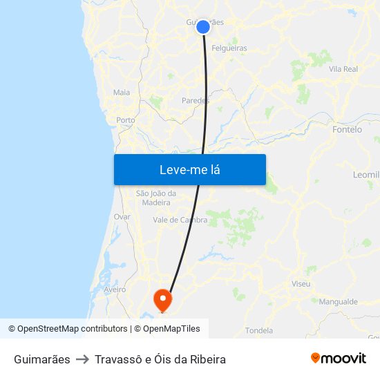 Guimarães to Travassô e Óis da Ribeira map