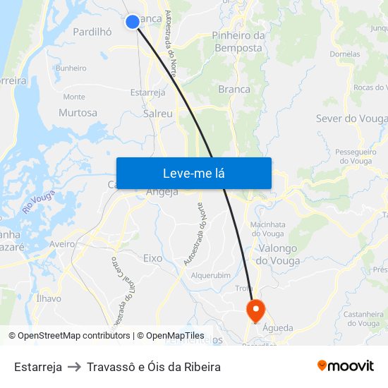 Estarreja to Travassô e Óis da Ribeira map