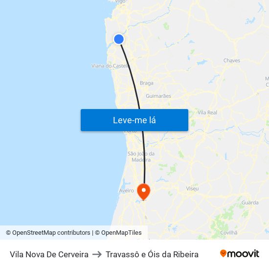 Vila Nova De Cerveira to Travassô e Óis da Ribeira map