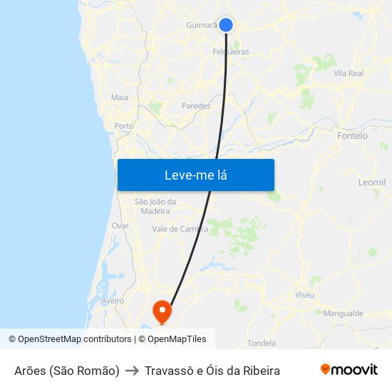 Arões (São Romão) to Travassô e Óis da Ribeira map