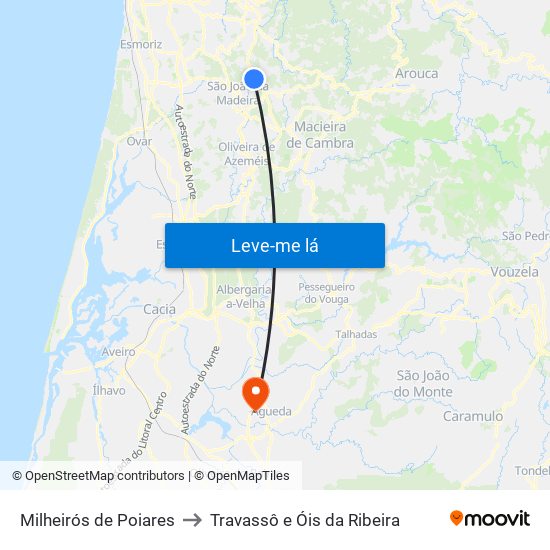 Milheirós de Poiares to Travassô e Óis da Ribeira map