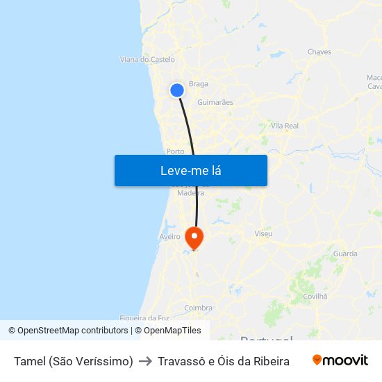 Tamel (São Veríssimo) to Travassô e Óis da Ribeira map