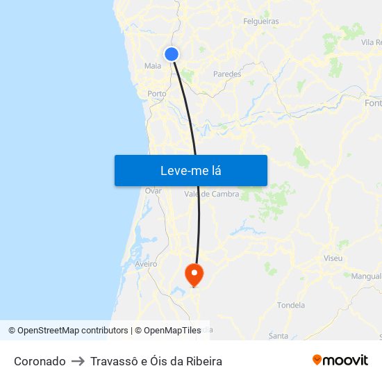 Coronado to Travassô e Óis da Ribeira map