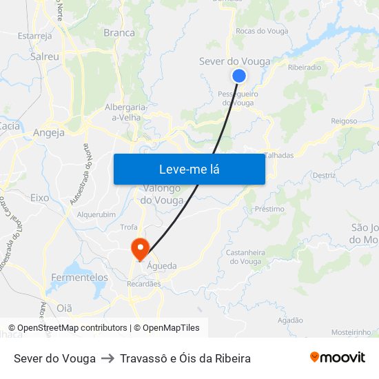 Sever do Vouga to Travassô e Óis da Ribeira map