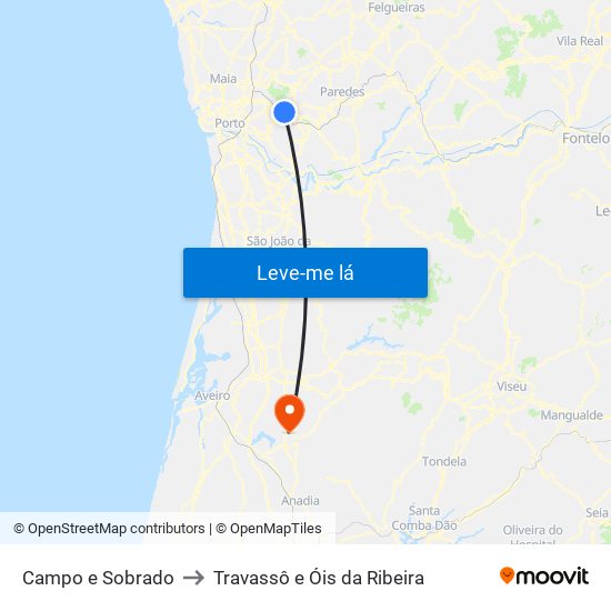 Campo e Sobrado to Travassô e Óis da Ribeira map