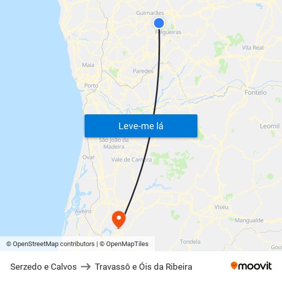 Serzedo e Calvos to Travassô e Óis da Ribeira map