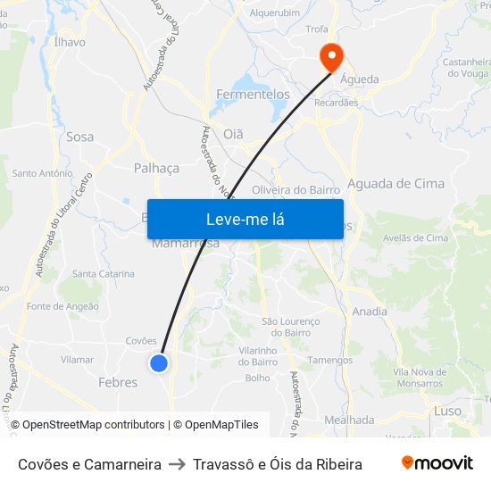 Covões e Camarneira to Travassô e Óis da Ribeira map